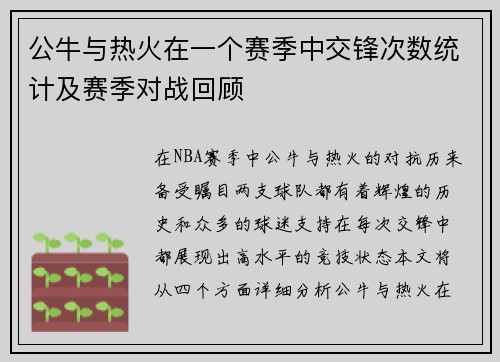 公牛与热火在一个赛季中交锋次数统计及赛季对战回顾